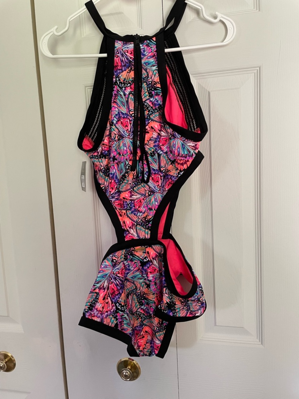 Body Glove Neon Butterfly Print One-Piece Swimsuit with Pink Trim